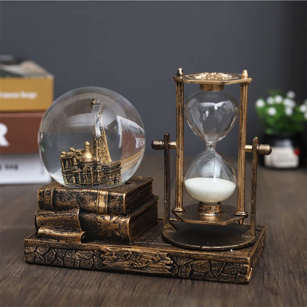 LED Music Crystal Snow Globe with Hourglass Timer Home Decoration for Living Room Bedroom Book Shelf TV Cabinet Desktop Decor Statue Figurine Table Centerpieces Ornaments(A Brass)