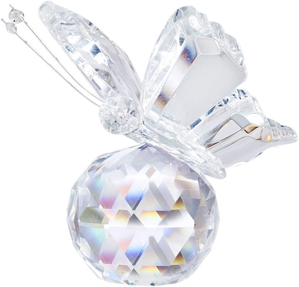 Crystal Flying Butterfly with Crystal Ball Base Figurine Collection Cut Glass Ornament Statue Animal Collectible (Clear)