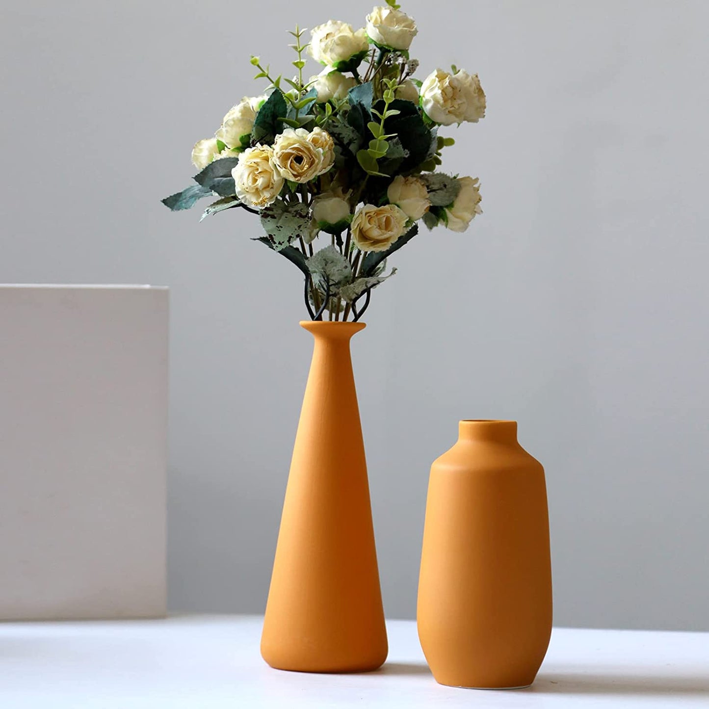 Ceramic Vase Set of 3, Minimalistic Style Flower Vase for Rustic Home Decor, Modern Farmhouse Decor, Living Room, Shelf Decor, Table Decor, Bookshelf, Mantel and Entryway Decor-Orange/Yellow