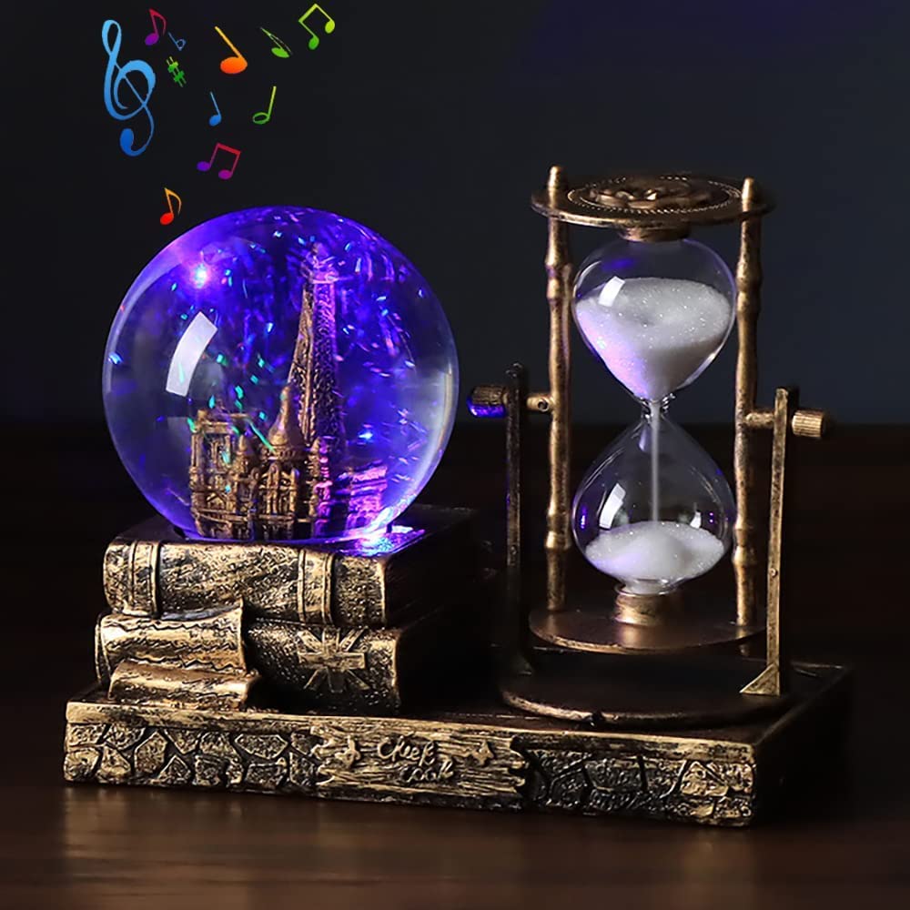 LED Music Crystal Snow Globe with Hourglass Timer Home Decoration for Living Room Bedroom Book Shelf TV Cabinet Desktop Decor Statue Figurine Table Centerpieces Ornaments(A Brass)