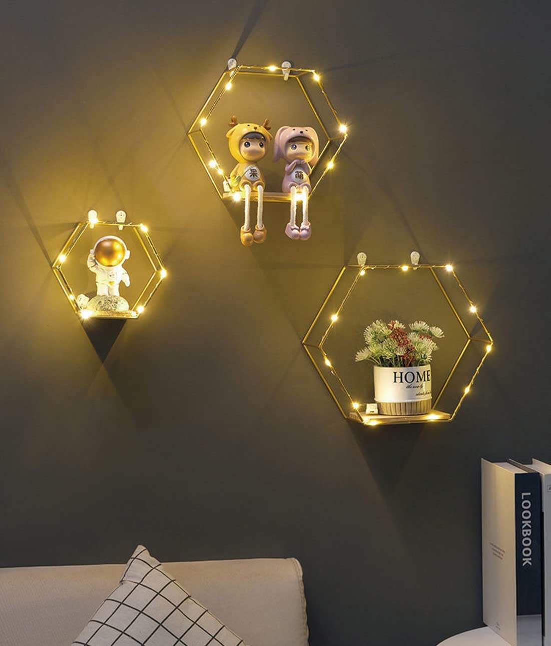 Hexagon Floating Shelves Wall Decor, Gold Metal Wire and Wood Wall Mounted Storage Shelf Home Decorations Art for Bedroom Living Room Kitchen Bathroom, Set of 3 with LED Lights