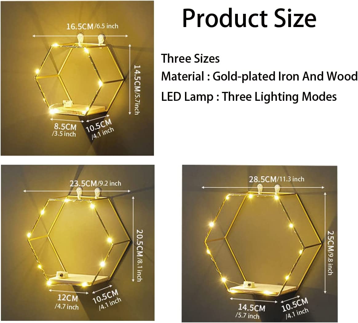 Hexagon Floating Shelves Wall Decor, Gold Metal Wire and Wood Wall Mounted Storage Shelf Home Decorations Art for Bedroom Living Room Kitchen Bathroom, Set of 3 with LED Lights