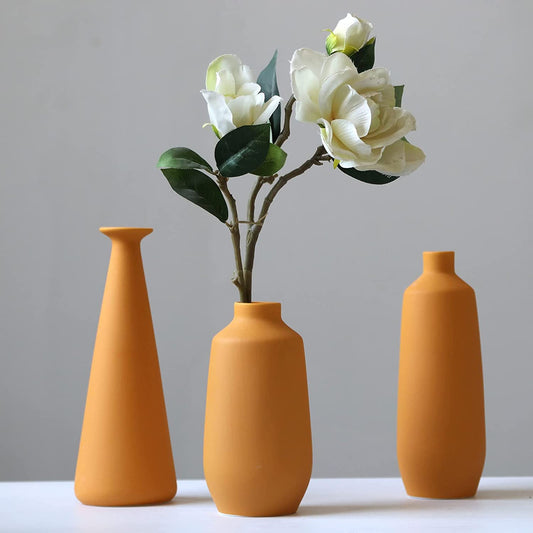 Ceramic Vase Set of 3, Minimalistic Style Flower Vase for Rustic Home Decor, Modern Farmhouse Decor, Living Room, Shelf Decor, Table Decor, Bookshelf, Mantel and Entryway Decor-Orange/Yellow