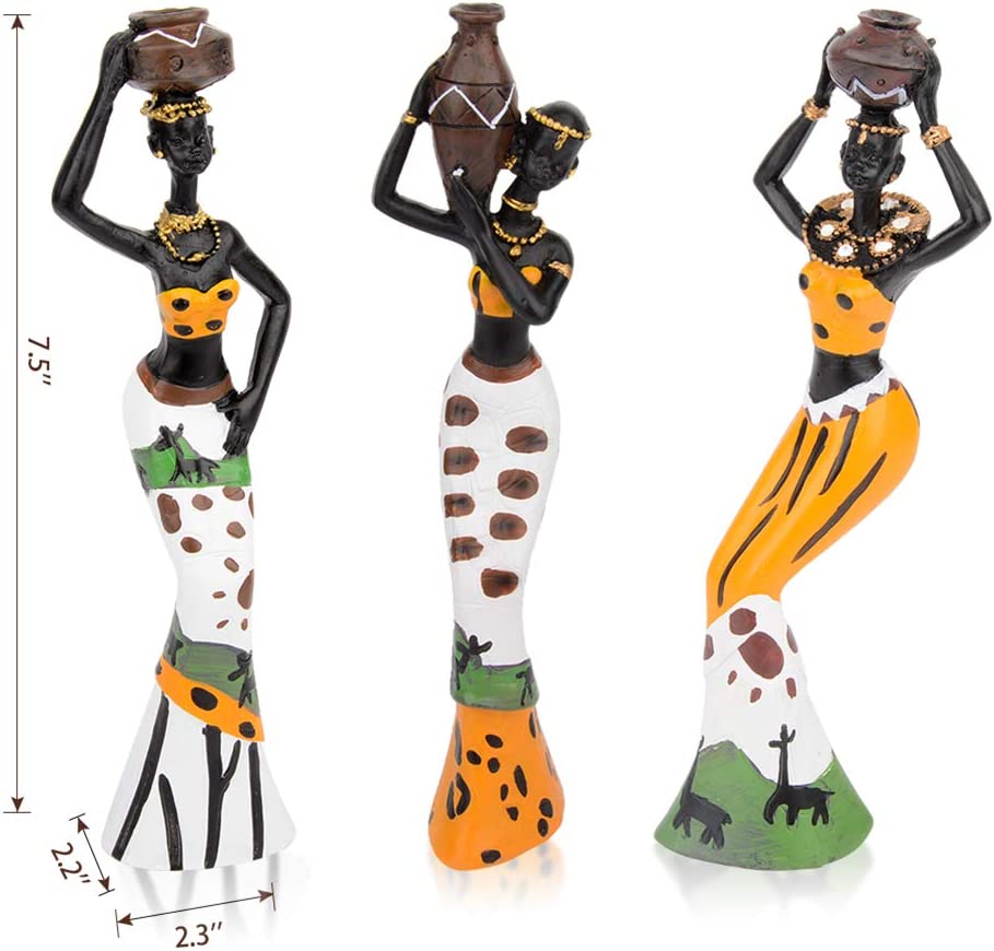 3PACK Vintage African Statue. Hand Sculpture African American Figurines. Exotic Tribal Lady African Art Piece for Home Decor. Figurines Home Decor. Room Decor for Women-Yellow