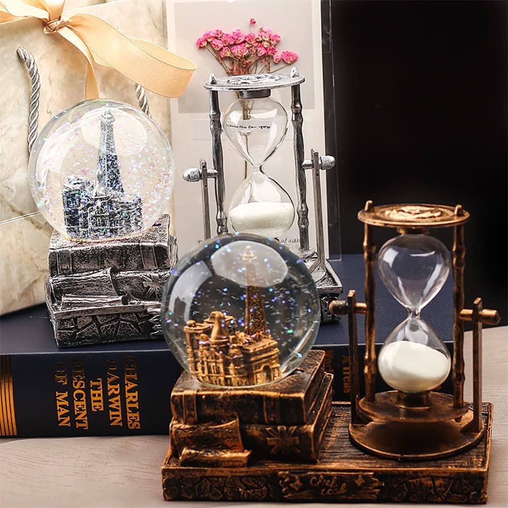 LED Music Crystal Snow Globe with Hourglass Timer Home Decoration for Living Room Bedroom Book Shelf TV Cabinet Desktop Decor Statue Figurine Table Centerpieces Ornaments(A Brass)