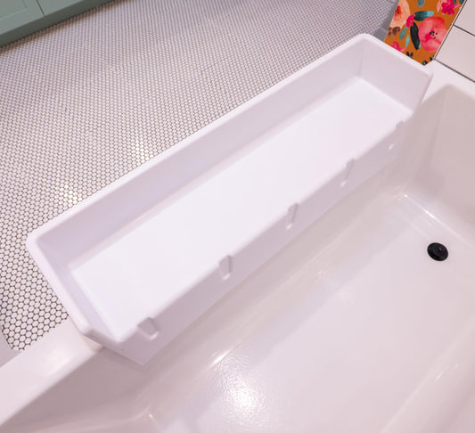 Bathtub Splash Guard Play Shelf Area - Toy Tray Caddy Holder Storage - Suction Cups Attach to Bath Tub - No Mess Water Spill in Bathroom - Fun for Toddlers Kids Baby (White)