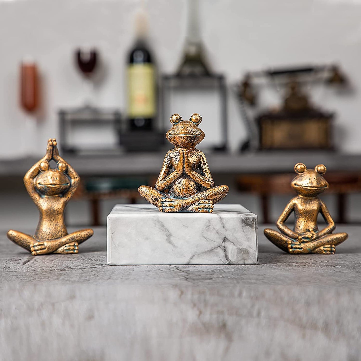 Frog figurines yoga zen decor – frog yoga statues for home decor,set of 3 yoga statues and sculptures meditation decor for shelves,zen decor yoga statue shelf decor accent antique bronze color