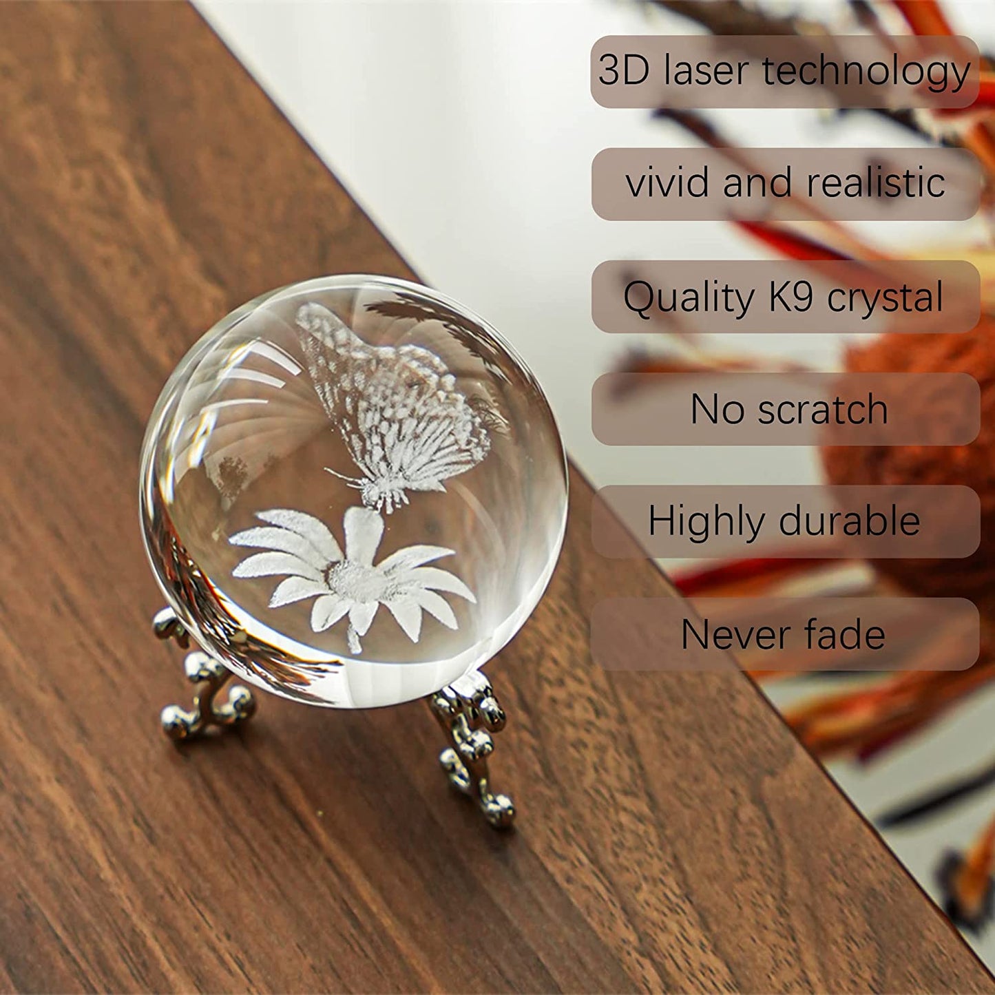 3D Laser Crystal Butterfly Flower Figurine Crystal Decorative Ball Paperweight with Silver-Plated Flowering Stand Glass Sphere Home Decor Gift (60mm,2.4inch)