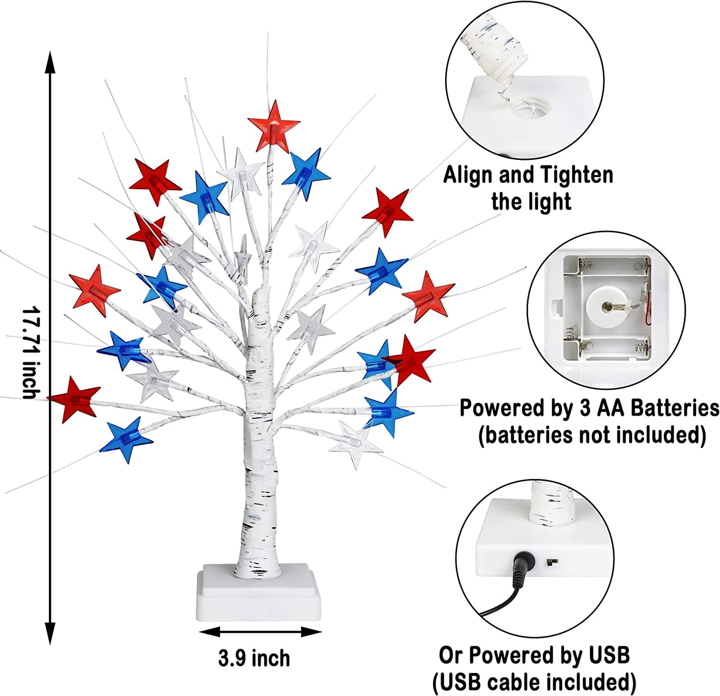 2 Pack 18 Inch 4th of July Patriotic Decorations Tree Light with 24 LED Red White Blue Star Lights, USB/Battery Operated Fourth of July Independence Day Lighted Tree for Home Table Party Decor