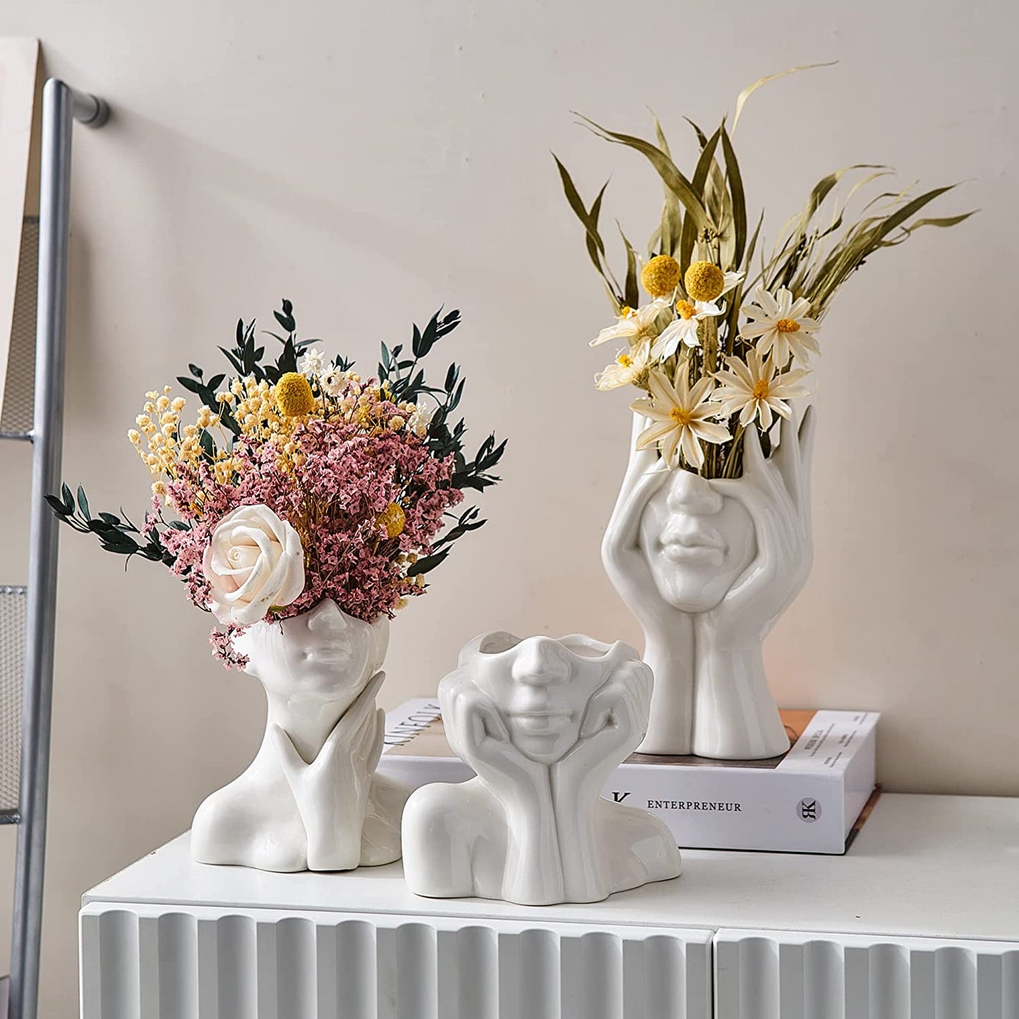 Ceramic Face Vase, White Flower Vase for Decor, 5.3" W x 4.7" H Modern Decorative Vase Centerpiece for Table Shelf Living Room Office Bedroom