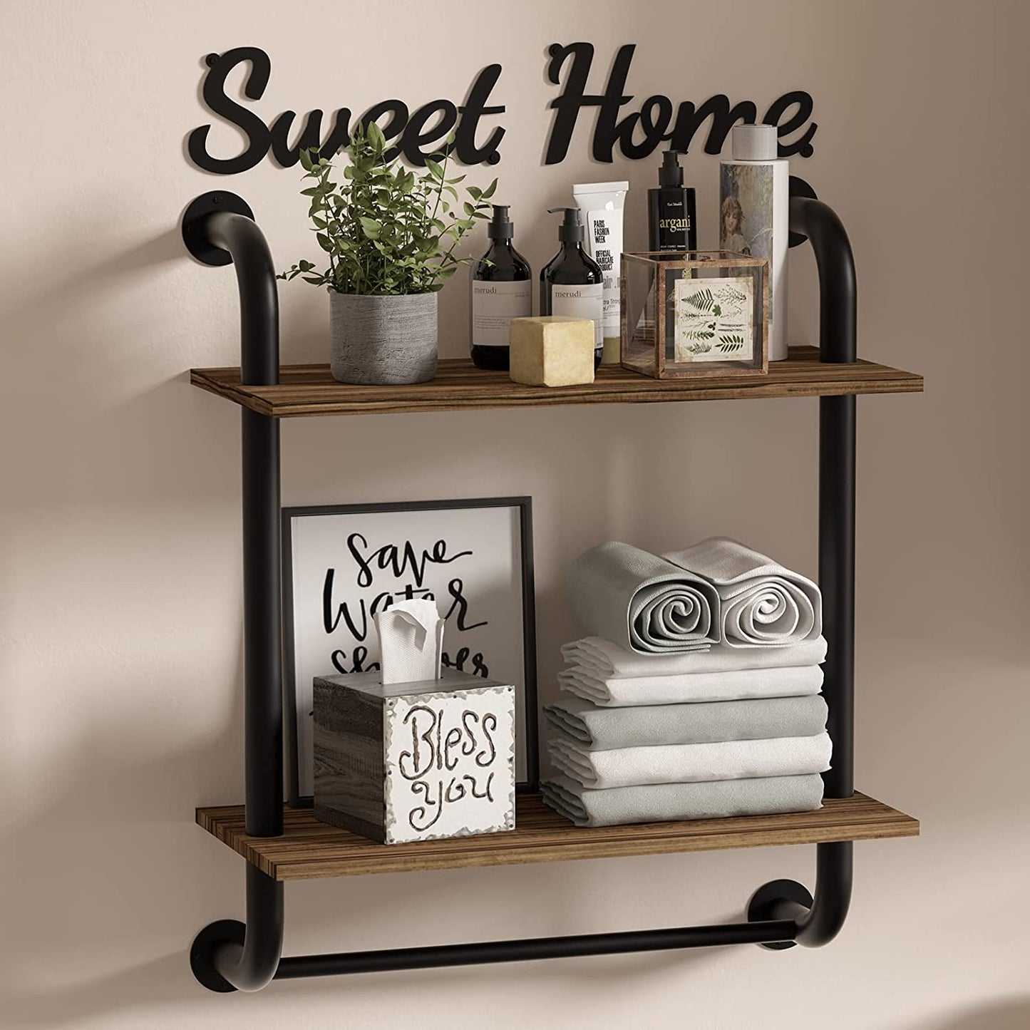 Bathroom Shelves Wall Mounted, Industrial Pipe Shelving 2-Tier, Rustic Farmhouse Shelves for Wall Decor, Floating Bathroom Shelf Over Toilet with Towel Bar for Kitchen, Bedroom, Living Room 17.3 inch