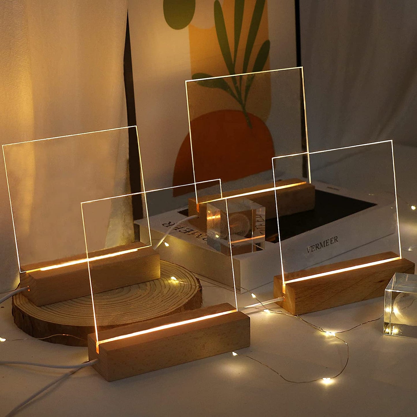 Pack of 4 LED Wooden Display Base with Acrylic Sheets -- 6 inch Rectangle LED Light Base Acrylic Blanks Display Stand Pedestal Warm Lights for Office Bar Room Cafe Home Decor
