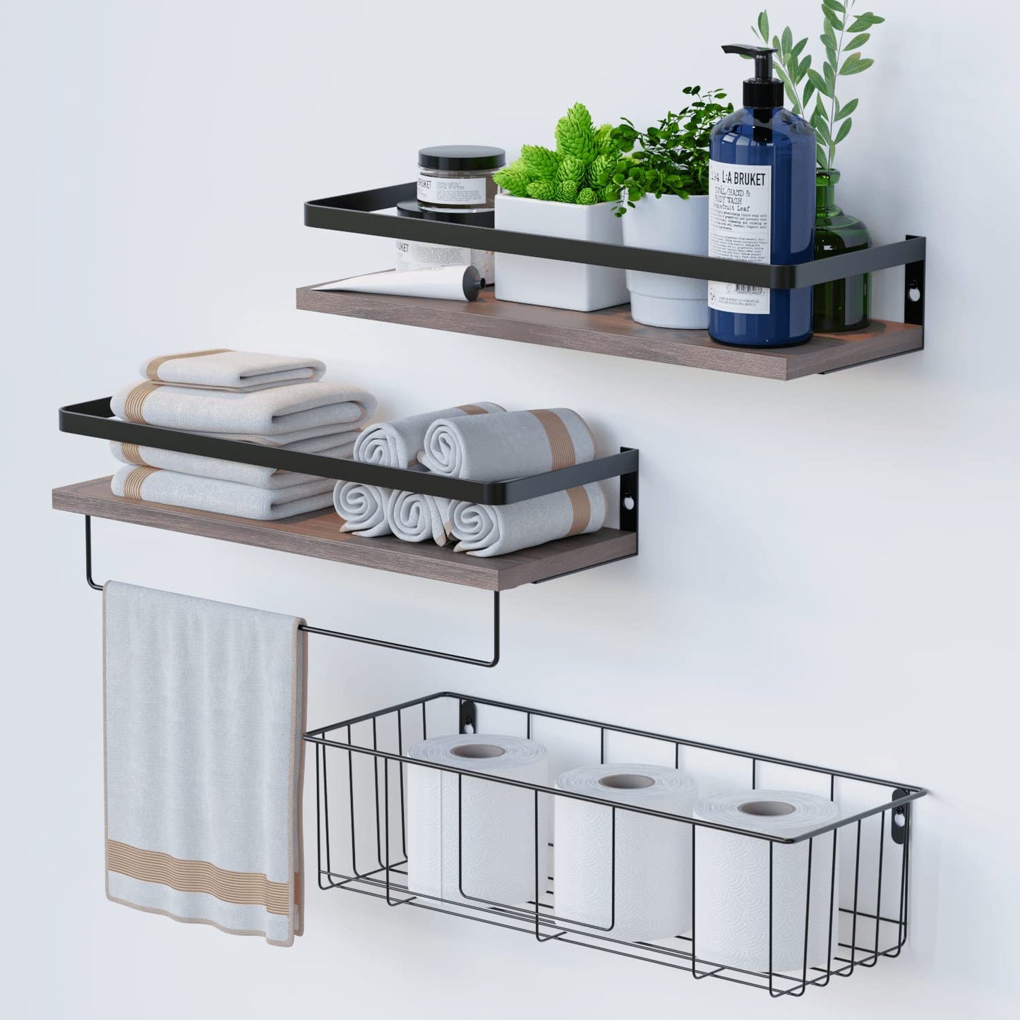 Floating Shelves with Toilet Paper Basket Set, Rustic Wall Shelves with Removable Towel Bar, Farmhouse Floating Bathroom Shelves for Kitchen and Bedroom - Rustic Brown