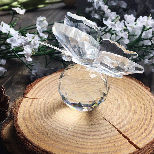 Crystal Flying Butterfly with Crystal Ball Base Figurine Collection Cut Glass Ornament Statue Animal Collectible (Clear)