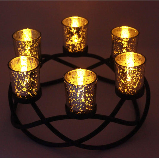 Iron Circular Table Centerpiece Decorations Candle Holder for Weddings, Patio, Kitchen, Dining Room, and Coffee Tables, Glass Votive Tealight Holders, Black, 6 Silver Cups