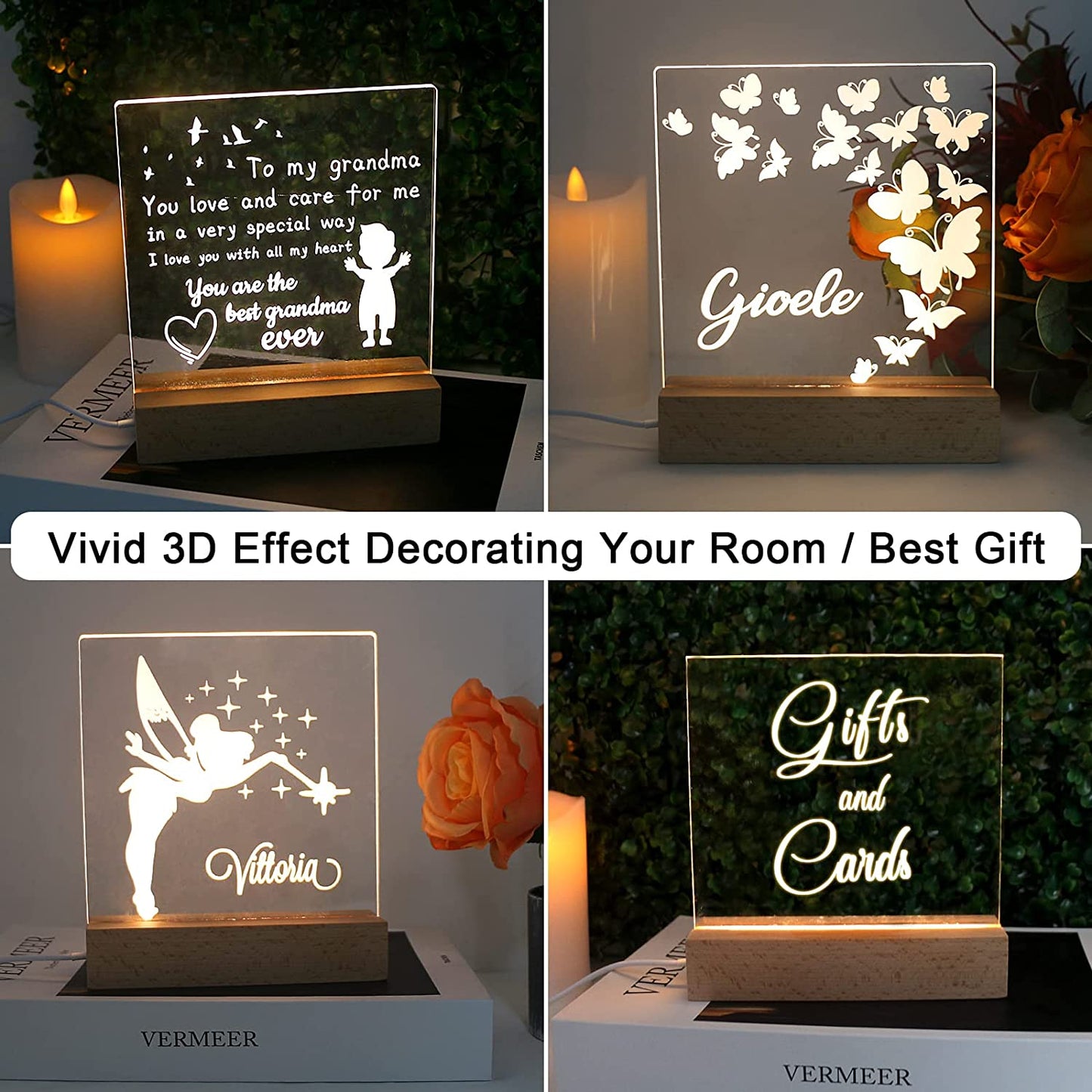 Pack of 4 LED Wooden Display Base with Acrylic Sheets -- 6 inch Rectangle LED Light Base Acrylic Blanks Display Stand Pedestal Warm Lights for Office Bar Room Cafe Home Decor