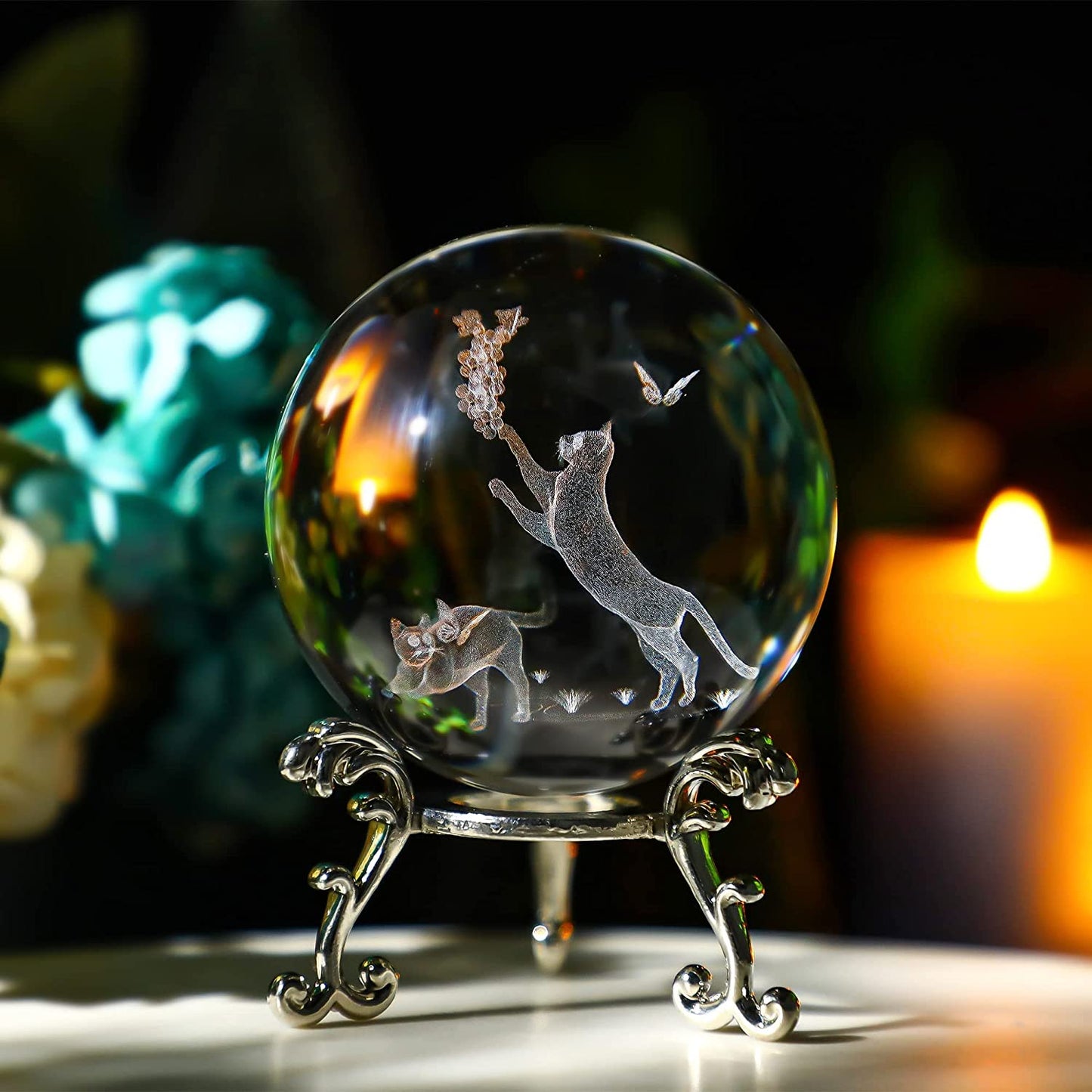 60mm 3D Crystal Ball with Stand Glass Cat Figurine Laser Engraved Cats Sphere Glass Paperweights Crystal 3D Cats with Butterfly Figurine Cat Gift for Cat Lovers Women