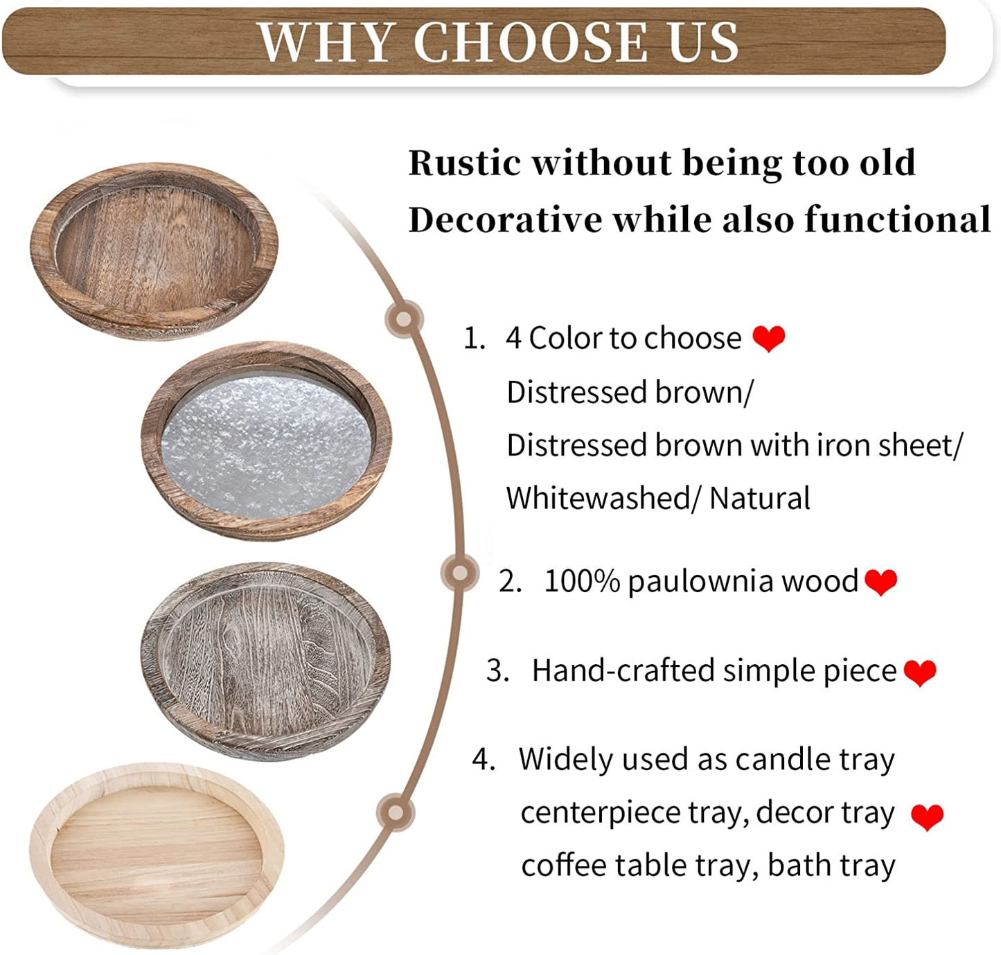 Rustic Wooden Serving Tray - Round Wood Butler Decorative Tray Vintage Centerpiece Candle Holder Trays Farmhouse Ottoman Tray for Kitchen Countertop Home Decor for Coffee Table