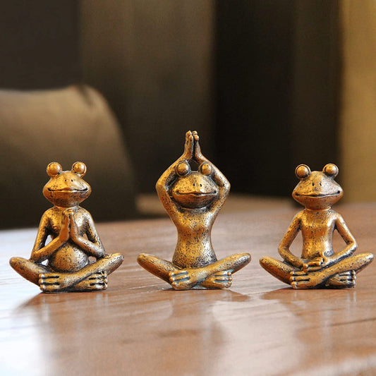 Frog figurines yoga zen decor – frog yoga statues for home decor,set of 3 yoga statues and sculptures meditation decor for shelves,zen decor yoga statue shelf decor accent antique bronze color