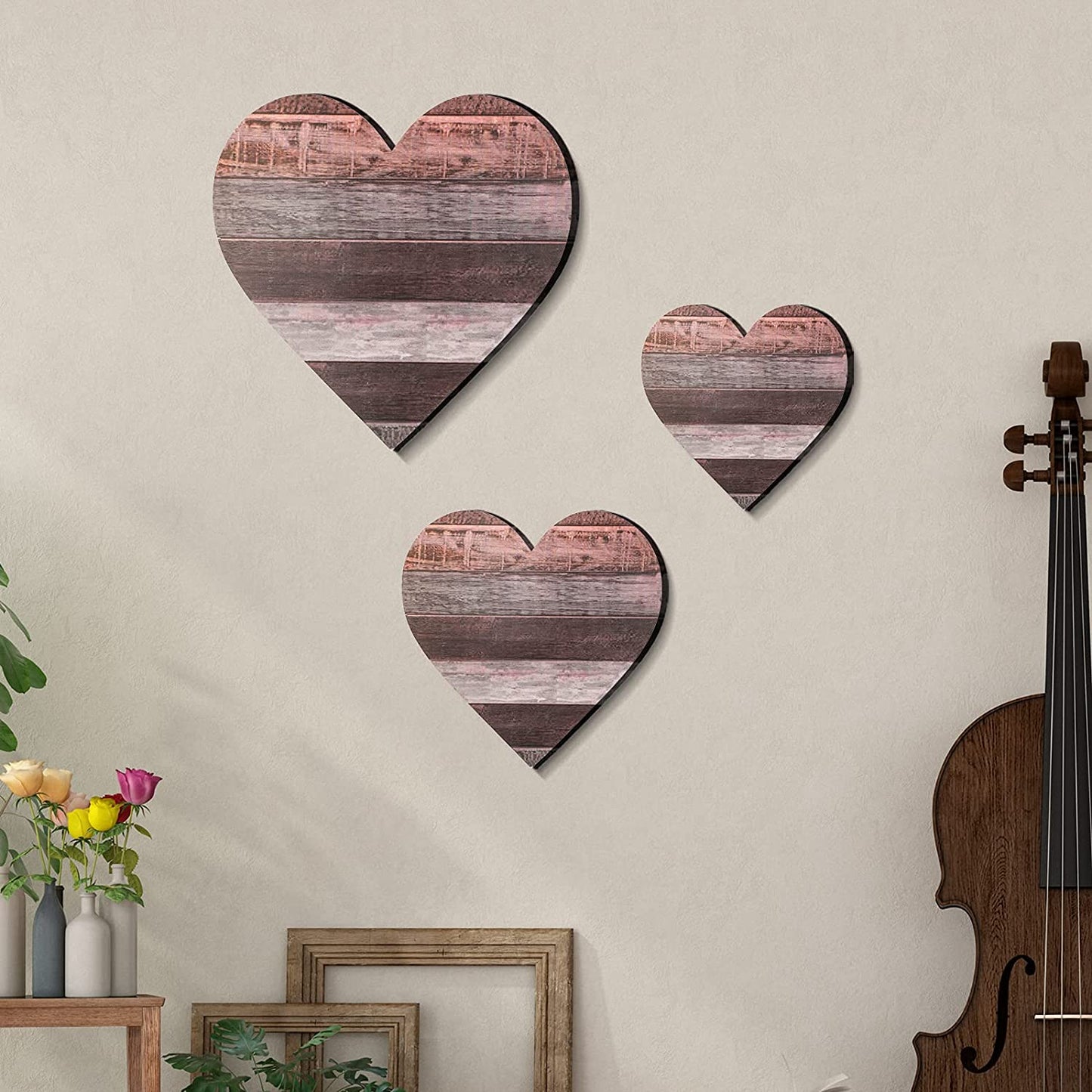 3 Pcs Heart Shaped Wood Sign Buffalo Plaid Decor for Kitchen Bedroom Bathroom Living Room Wooden Heart Wall Sign Rustic Hanging Plaque Christmas Decor, 3 Sizes (Red Brown Wood Grain)