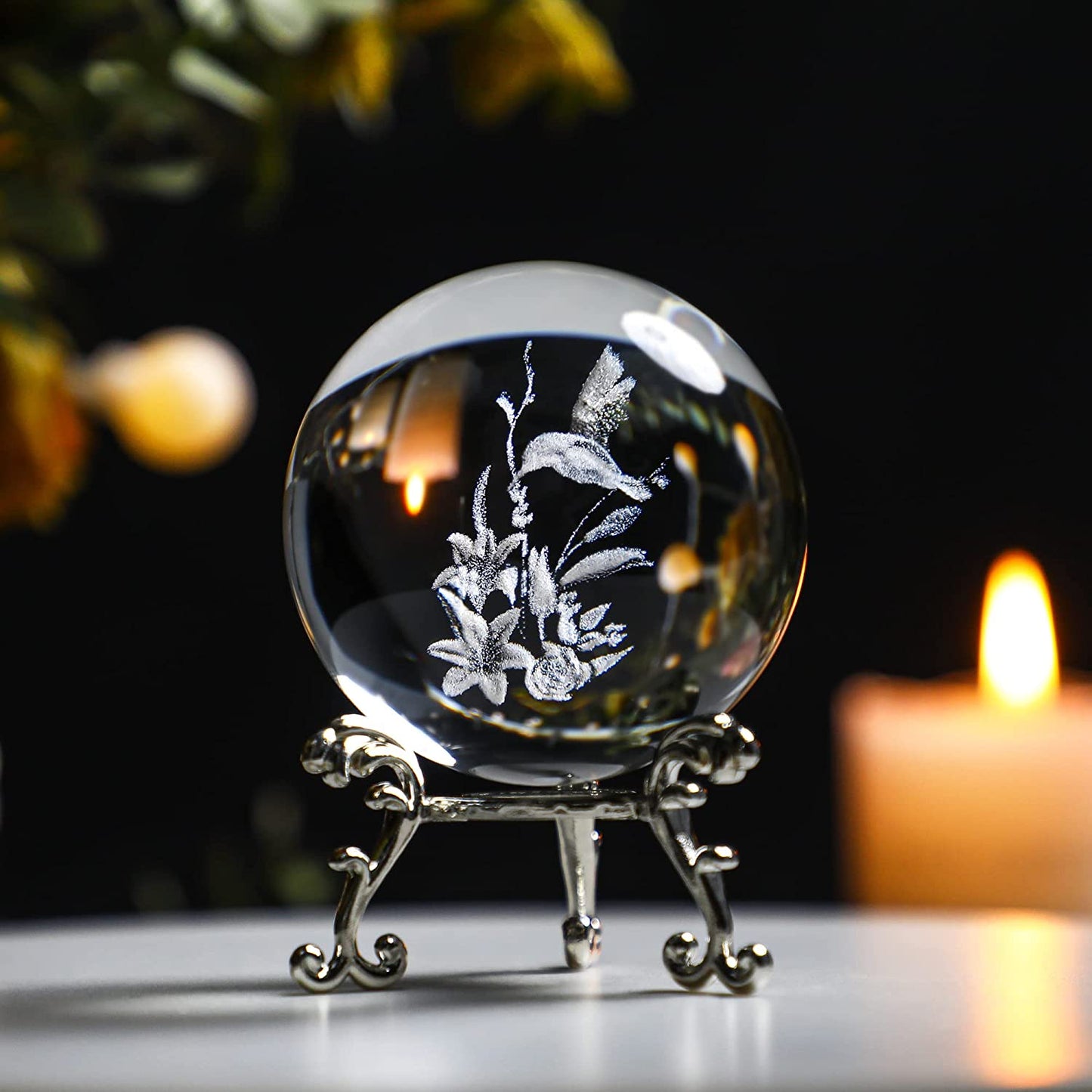 3D Hummingbird Crystal Ball Paperweight 60mm(2.3Inch) Laser Engraved Glass Sphere Display Globe Meditation Ball Home Decor with Metal Stand