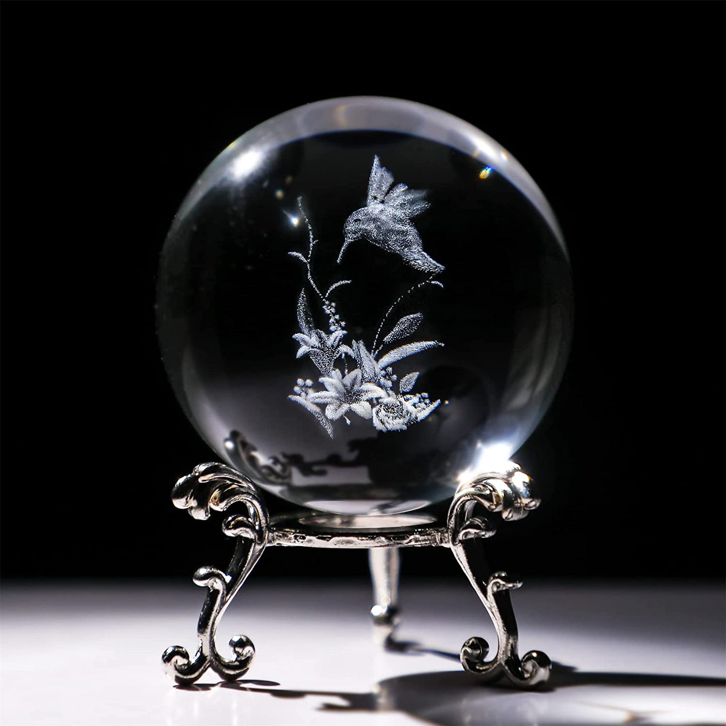 3D Hummingbird Crystal Ball Paperweight 60mm(2.3Inch) Laser Engraved Glass Sphere Display Globe Meditation Ball Home Decor with Metal Stand