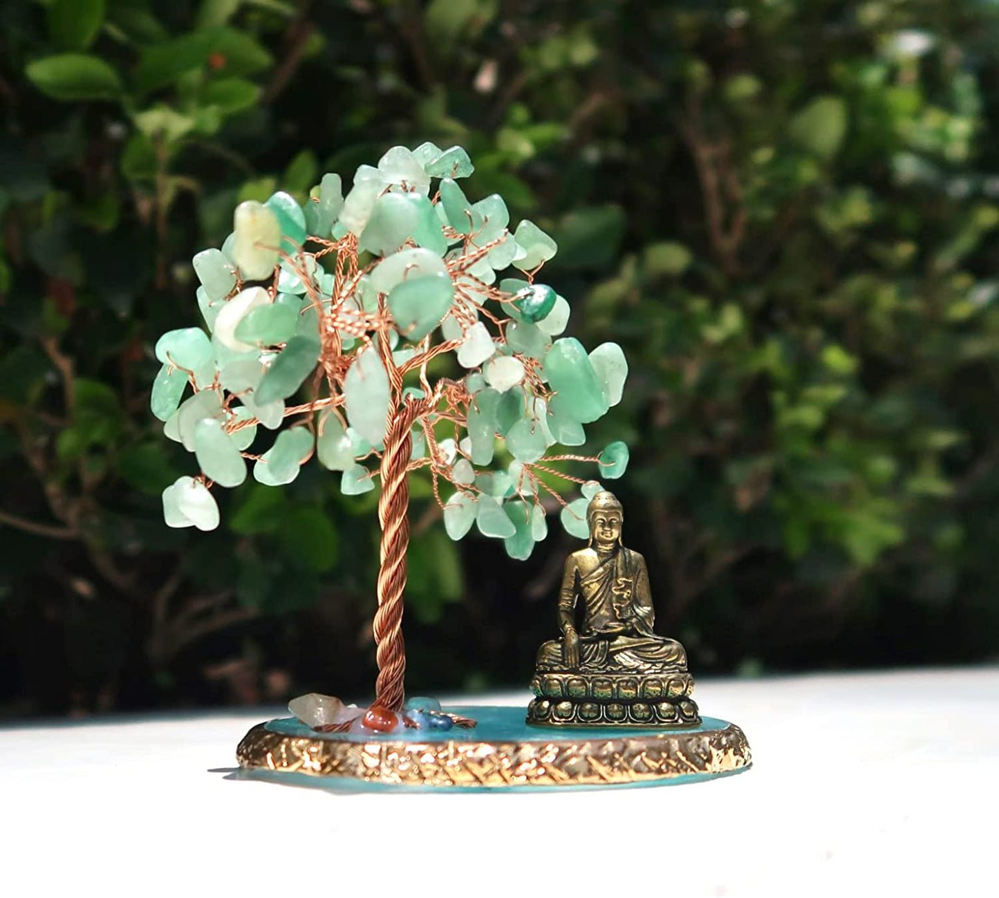 Buddha Statue with Healing Crystal Tree, Tree of Life for Positive Energy. Home Decor Yoga Meditation. Green.(B)