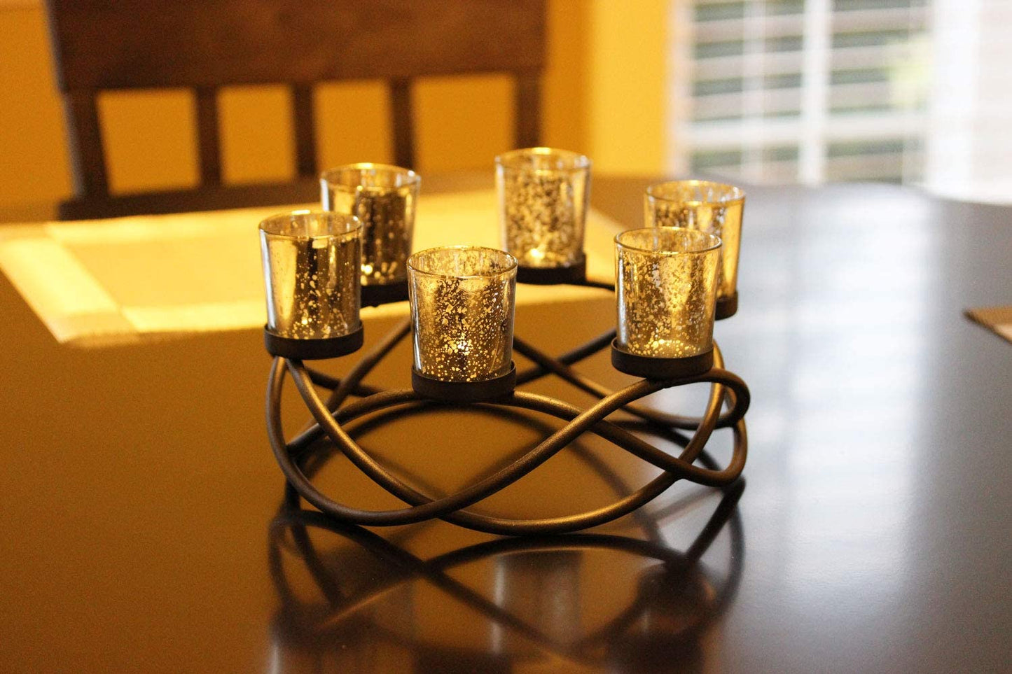 Iron Circular Table Centerpiece Decorations Candle Holder for Weddings, Patio, Kitchen, Dining Room, and Coffee Tables, Glass Votive Tealight Holders, Black, 6 Silver Cups