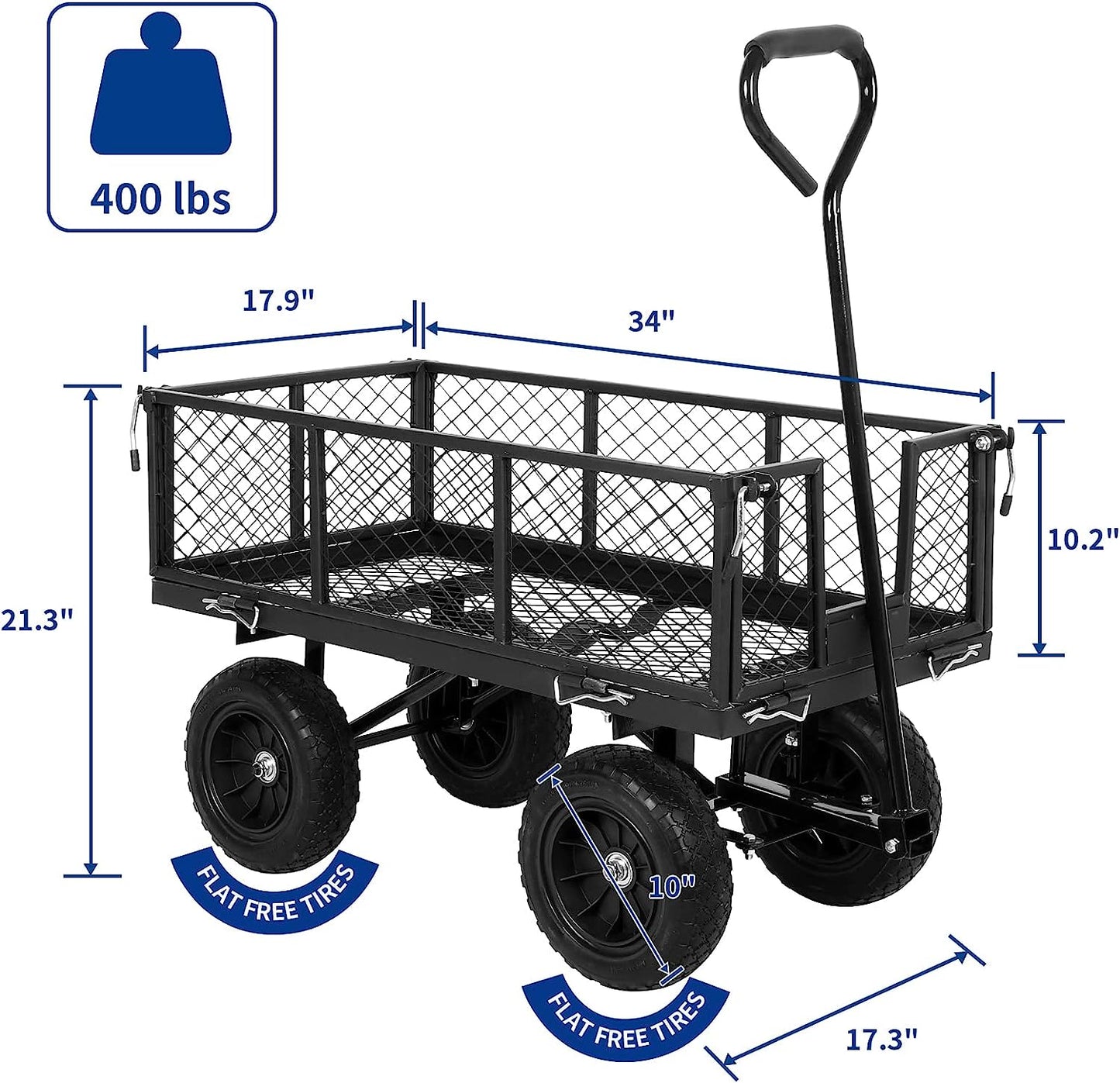 400 lbs 10" Flat Free Tires Steel Garden Cart with 180° Rotating Handle and Removable Sides, 4 Cu.Ft Capacity Utility Heavy Duty Garden Carts and Wagons