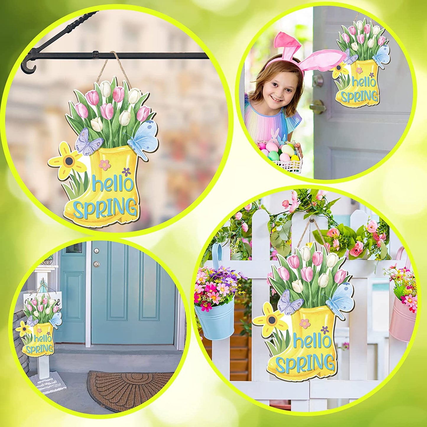 Hello Spring Door Sign Colorful Tulip Flowers Spring Decor Sign Hanging Door Signs Rustic Wall Decor Farmhouse Wood Hanging Plaque for Home Farmhouse Home (Boots)