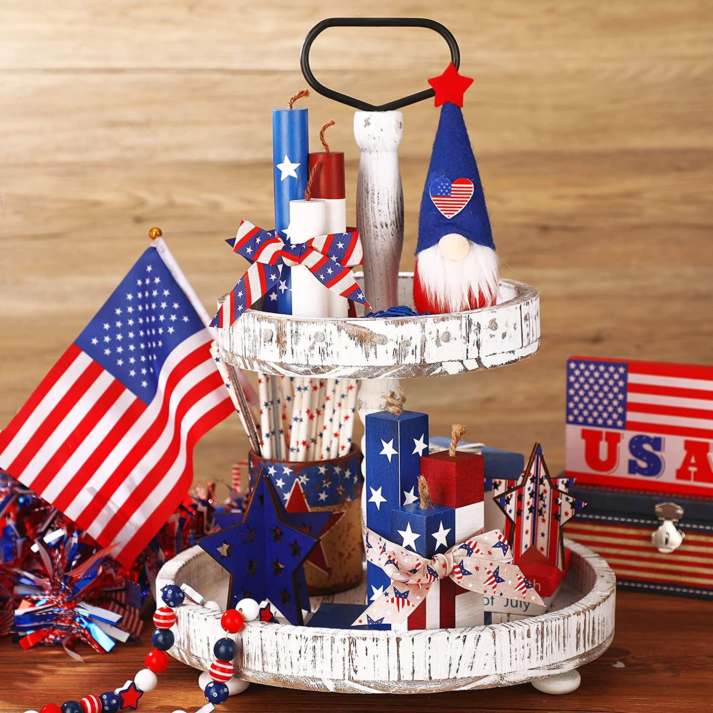 6 Pcs 4th of July Tiered Tray Decor July 4th Firework Tiered Tray Sign Patriotic Memorial Day Centerpieces Rustic Fireworks Wood Sign Independence Day Wooden Table Decor for Home Tables