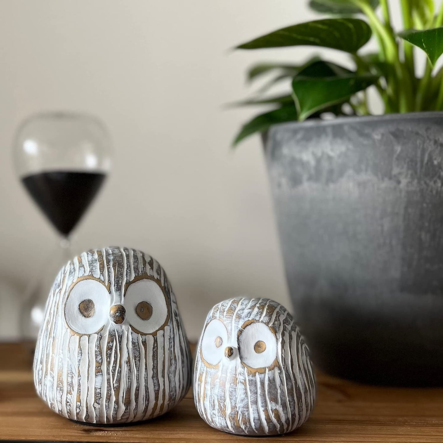 Chubby Night Owl Decor Statue Sculpture, Bookshelf Decor Accents, Boxed Set of 2 Rustic Brown & White (3⅛ & 4⅓ inches) Decorative Resin Figurines