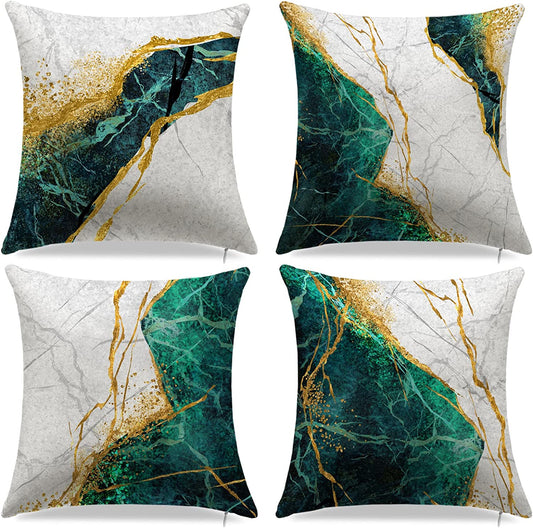 Green and Gold Marble Throw Pillow Covers, Decorative Pillow Covers 18x18 Set of 4 Emerald Green Gold Pillowcase for Living Room Home Car Bedroom Marble Print Cushion Cover