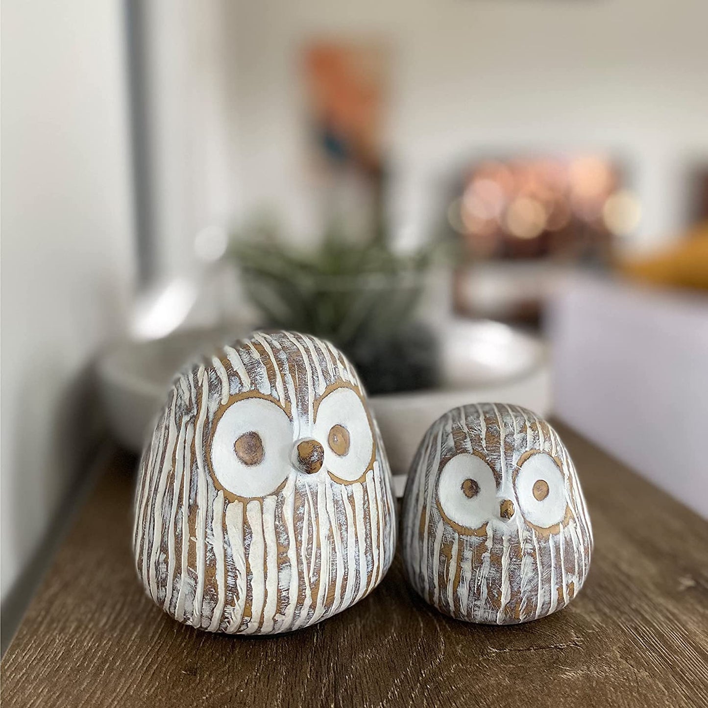 Chubby Night Owl Decor Statue Sculpture, Bookshelf Decor Accents, Boxed Set of 2 Rustic Brown & White (3⅛ & 4⅓ inches) Decorative Resin Figurines