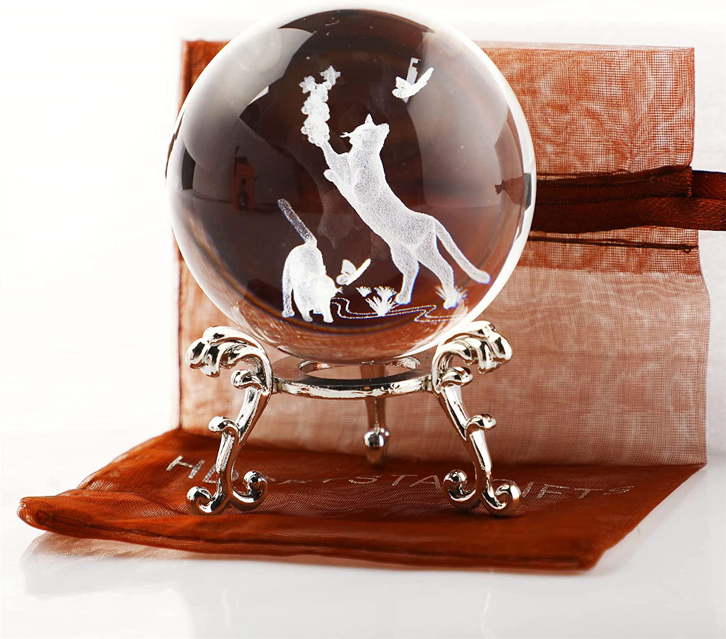 60mm 3D Crystal Ball with Stand Glass Cat Figurine Laser Engraved Cats Sphere Glass Paperweights Crystal 3D Cats with Butterfly Figurine Cat Gift for Cat Lovers Women