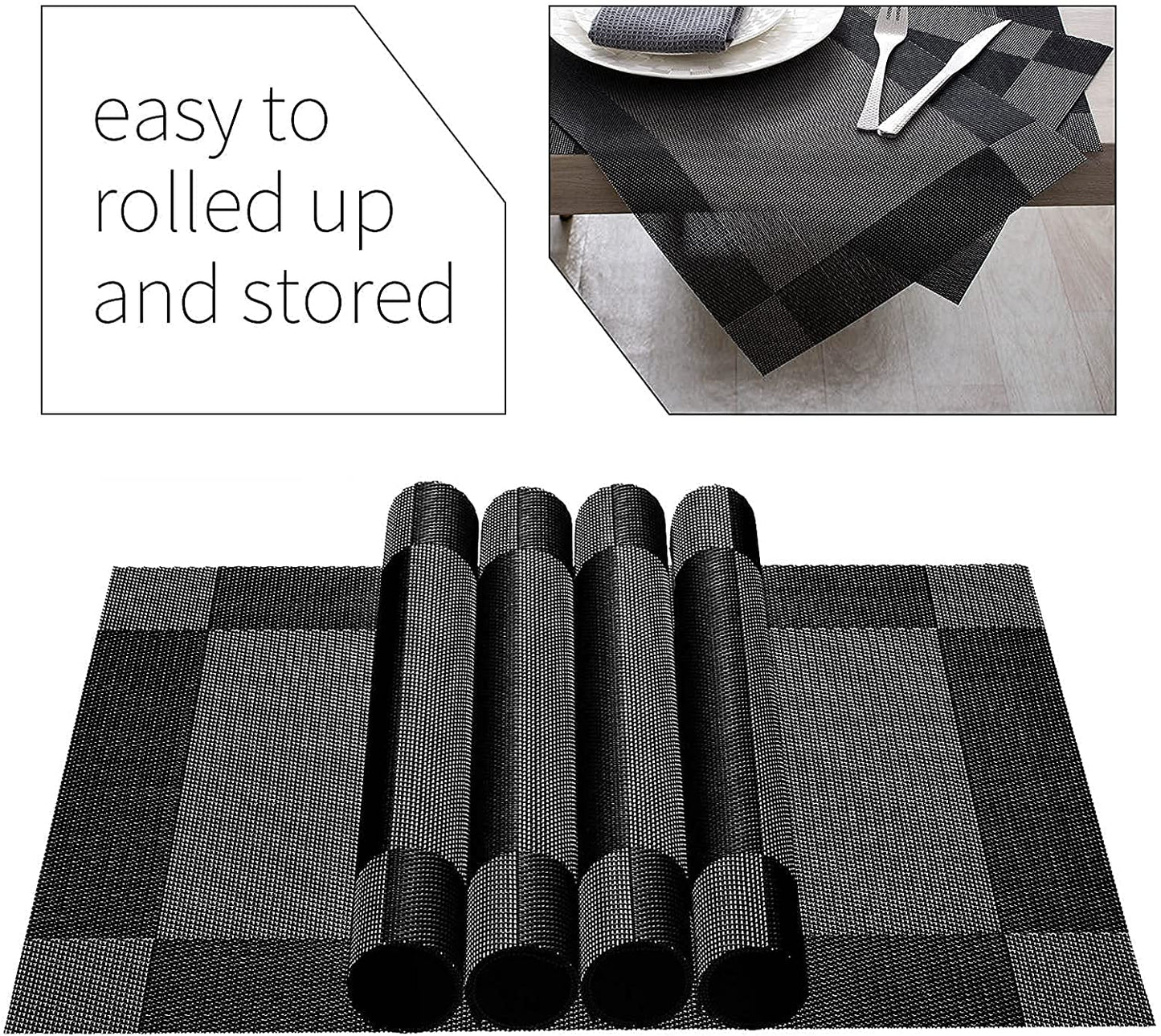 Placemats Set of 6 for Dining Table Washable Woven Vinyl Non-Slip Placemat Heat-Resistant Durable Table Mats for Dining Table Easy to Clean（Black Corner）