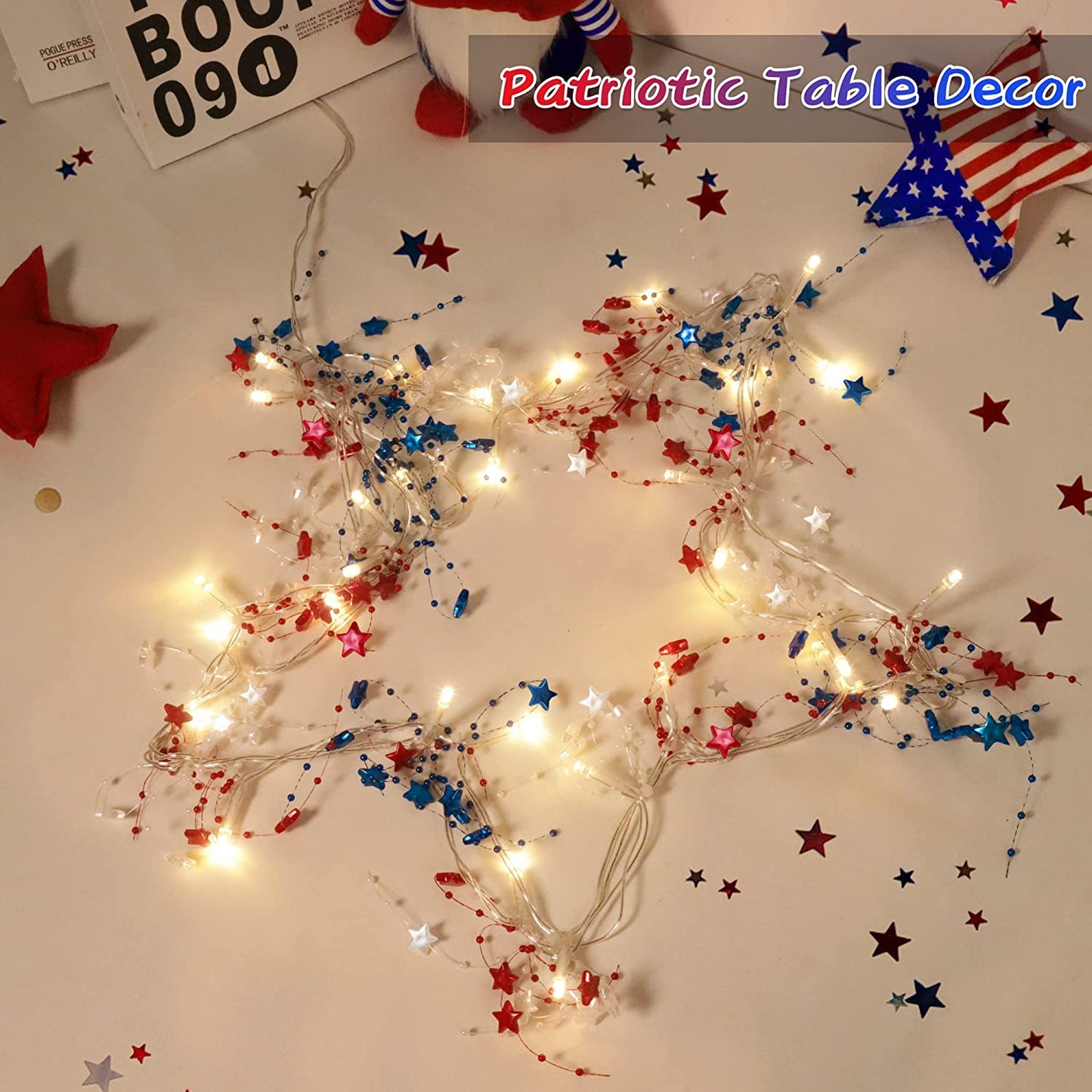 4th of July Decorations 10FT 30 LED Patriotic Decor Red White Blue Star Garland with Lights, Battery Operated 4th of July Garland for Mantle Home, Fourth of July Decor Memorial Day Decorations [Timer]