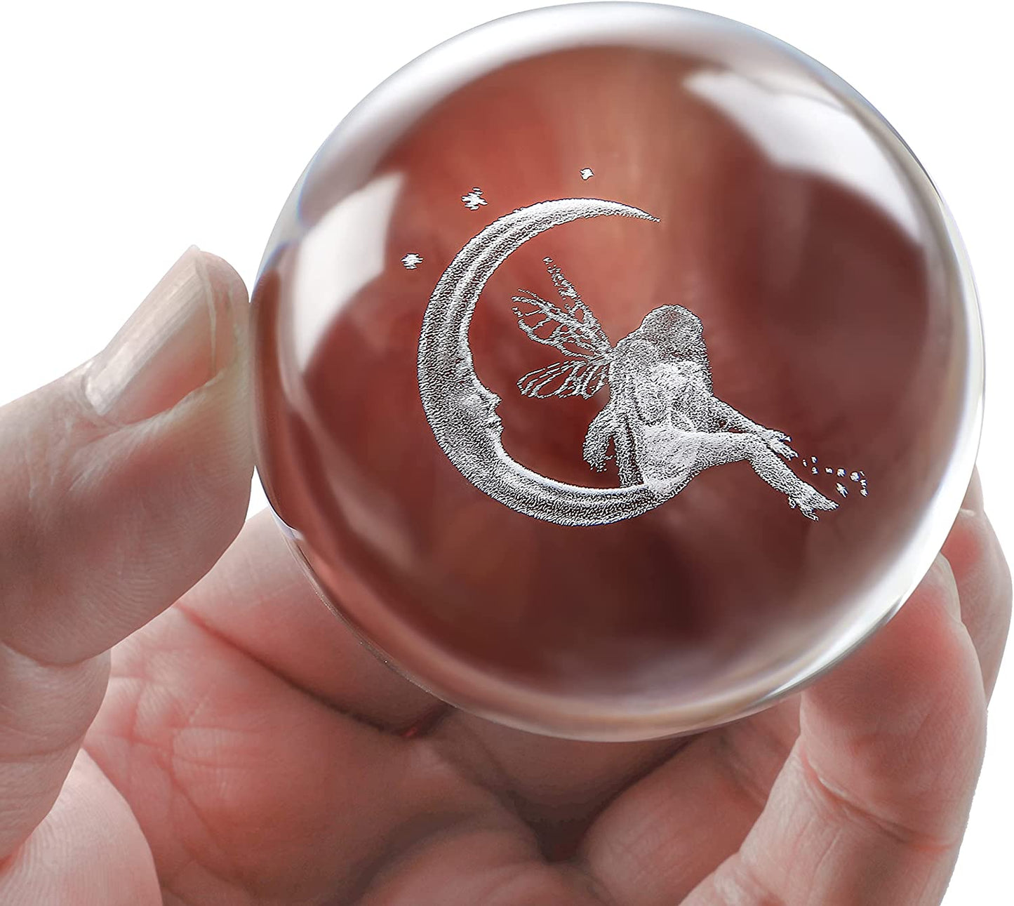 60mm 3D Laser Engraved Crystal Fairy & Moon Ball Figurine 3D Crystal Ball Sphere with Stand Glass Paperweights Table Decor for Girls Daughters