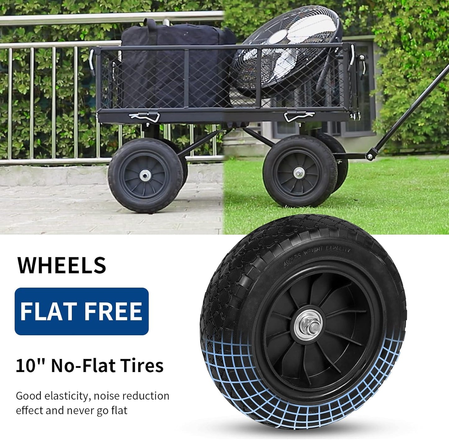 400 lbs 10" Flat Free Tires Steel Garden Cart with 180° Rotating Handle and Removable Sides, 4 Cu.Ft Capacity Utility Heavy Duty Garden Carts and Wagons