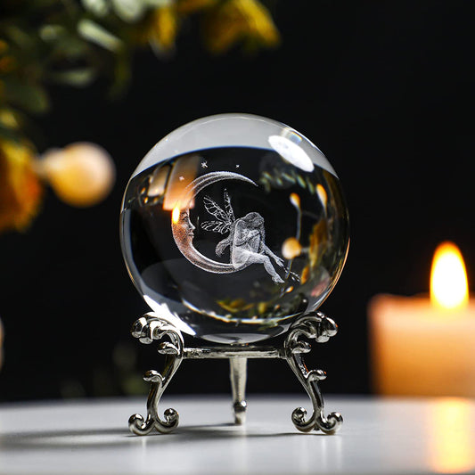 60mm 3D Laser Engraved Crystal Fairy & Moon Ball Figurine 3D Crystal Ball Sphere with Stand Glass Paperweights Table Decor for Girls Daughters