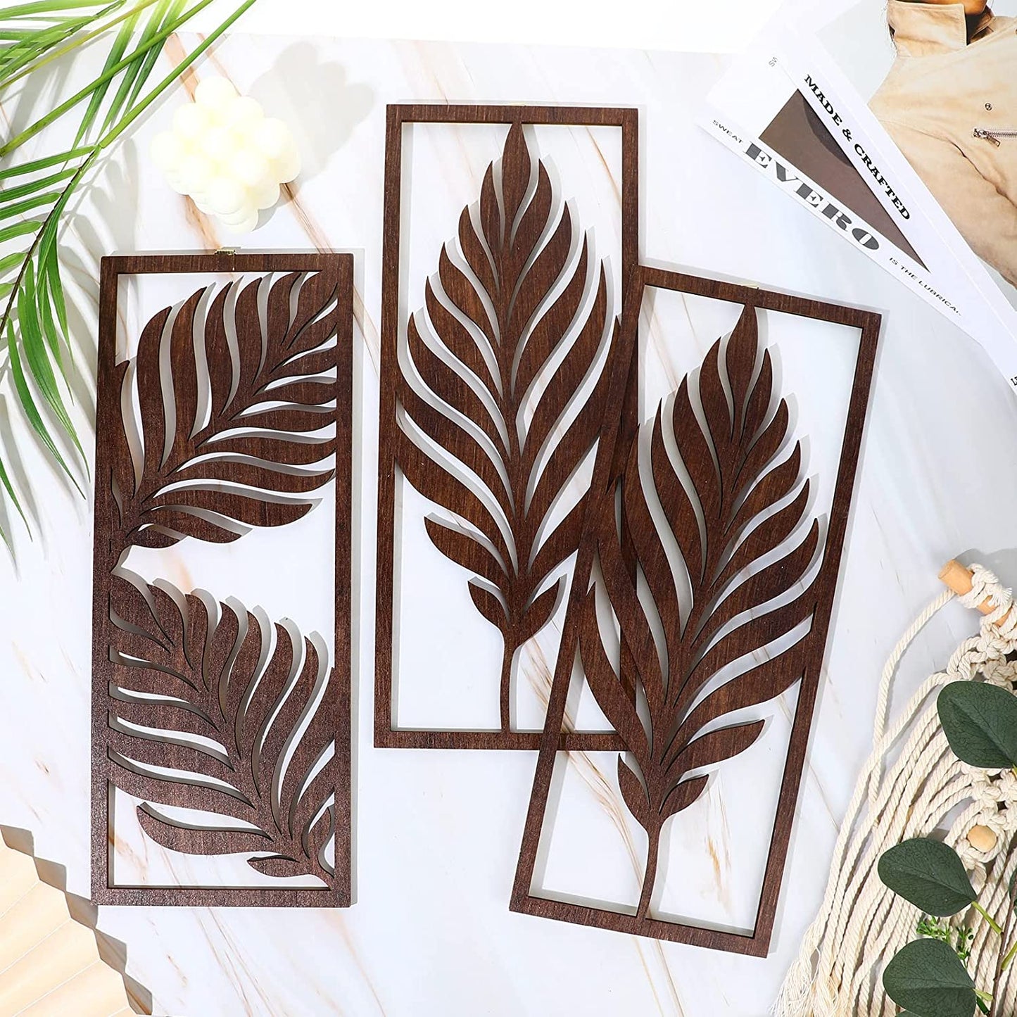 3 Pcs Boho Wooden Art Wall Decor Leaf Sign Wall Accent Rustic Palm Leaf Wood Art Wall Hanging Sculpture Vintage Tropical Plant Wood Wall Plaque for Home Bathroom Living Room Office Decoration (Brown)