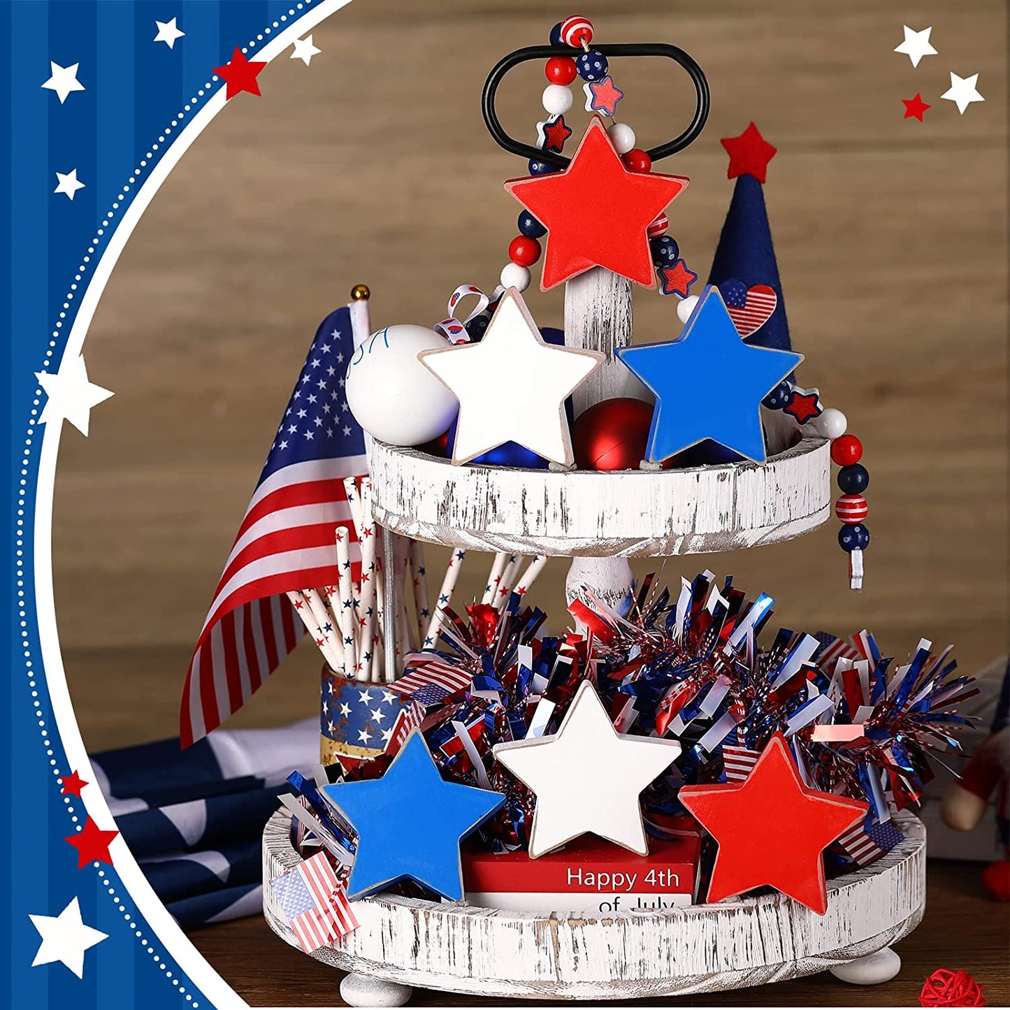 Patriotic Wooden Star 4th of July Wood Star Independence Day Home Table Decor Wood Star Standing Blocks for Home Tabletop Memorial Day Festival Celebration (Vintage)