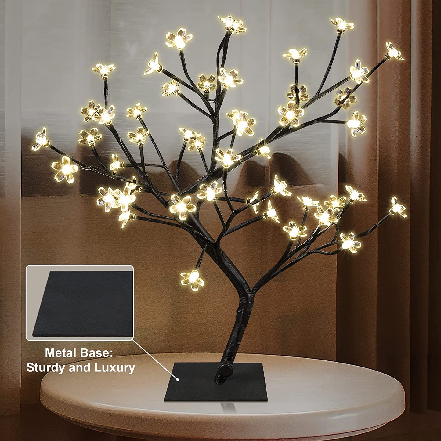18 Inch Cherry Blossom Bonsai Tree, 48 LED Lights, 24V UL Listed Adapter Included, Metal Base, Warm White Lights, Ideal as Night Lights, Home Gift Idea
