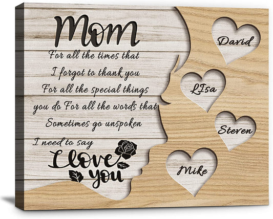 Unique Mothers Day Gifts for Mom, Wife from Daughter, Son,Husband, Custom Canvas Prints Wrapped Wood with Childs Names for Mother, Personalized Wall Art Family Sign.