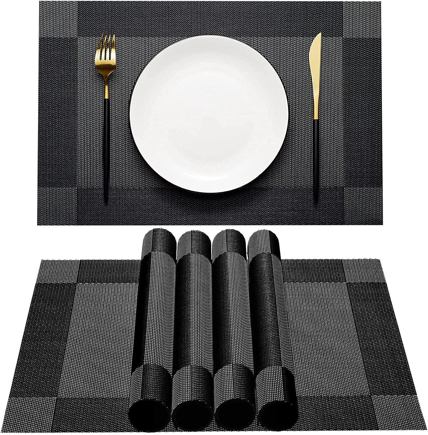 Placemats Set of 6 for Dining Table Washable Woven Vinyl Non-Slip Placemat Heat-Resistant Durable Table Mats for Dining Table Easy to Clean（Black Corner）