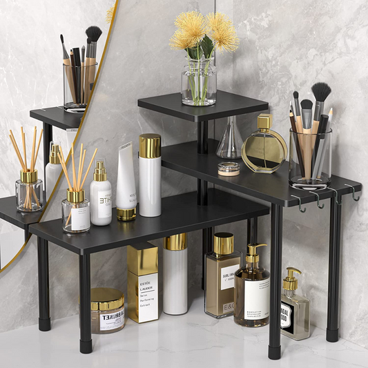 Bathroom Organizer Countertop Bathroom Shelf, 3 Tier Corner Shelf Moveable Bamboo Organizer for Make Up, Dresser Table, Bathroom countertop, Desktop Shelf (Black)