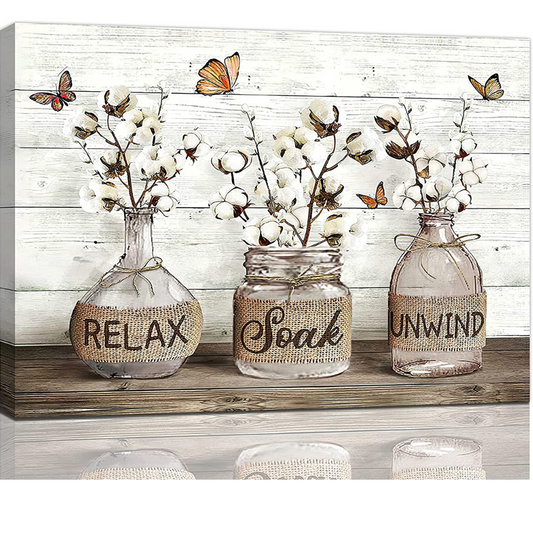 Bathroom Decor Wall Art Rustic Cotton Bathroom Pictures Canvas Print Country Bathroom Relax Soak Unwind Sign Artwork Modern Home Decor for Bathroom Framed Ready to Hang