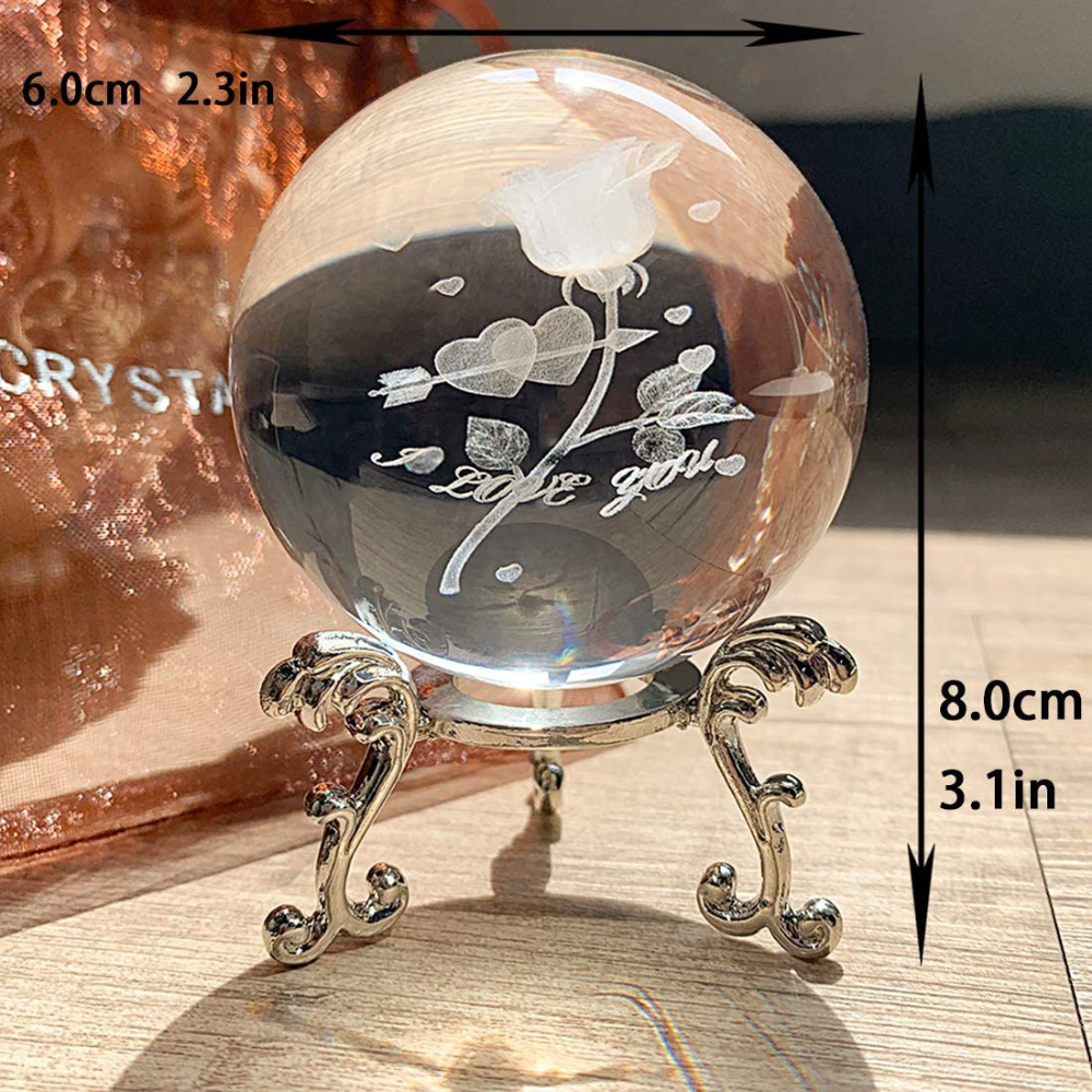 Crystal 2.4 inch (60mm) Carving Rose Crystal Ball with Sliver-Plated Flowering Stand,Fengshui Glass Ball Home Decoration