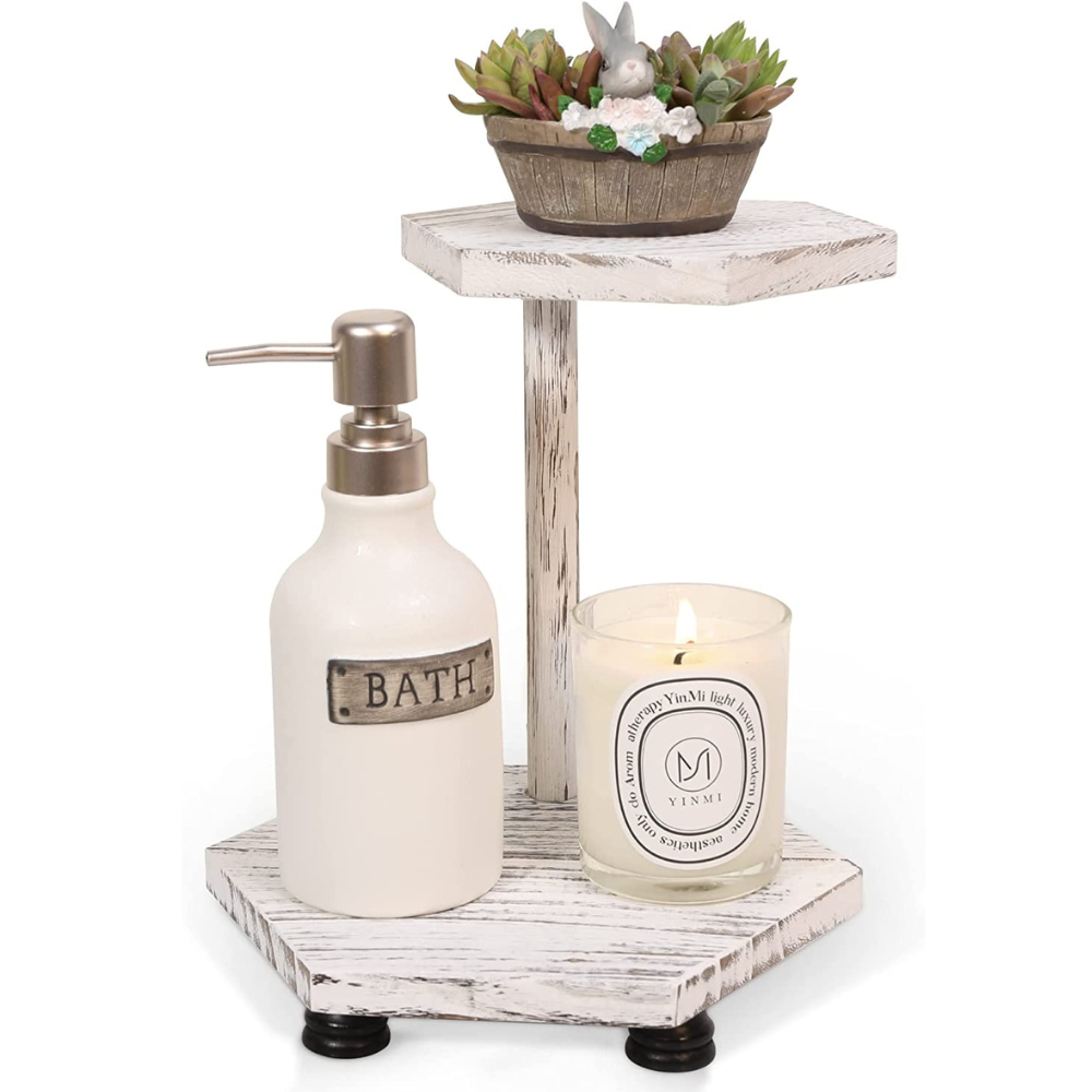 Hexagonal Wood Riser for Display, 2-Tier Farmhouse Wood Pedestal Stand for Kitchen Bathroom Counter Decor, Decorative Tray for Soap Dispenser, Candle and Plant
