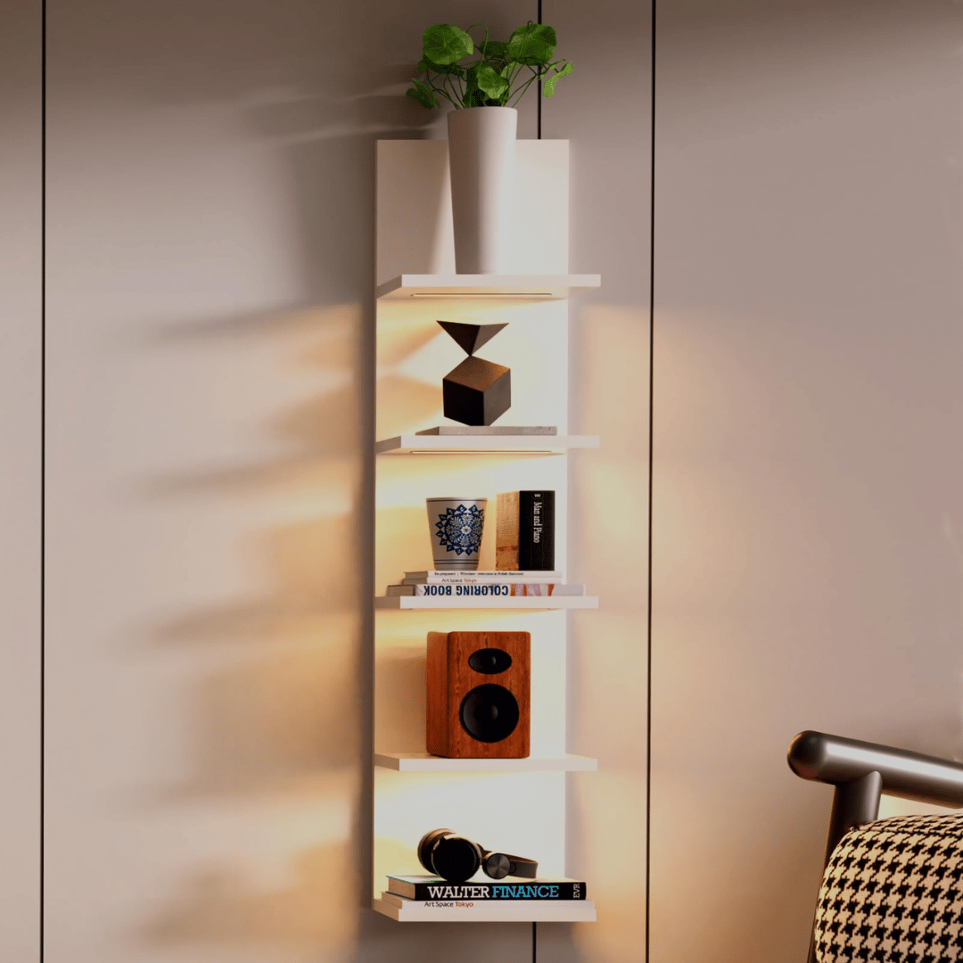 5 Tier Wall Shelf Unit,White Vertical Floating Shelf-Narrow Decorative Wall Mount Modern Wall Decor Shelves for Bedrooms, Living Rooms 5.5" x 7.2" x 31"